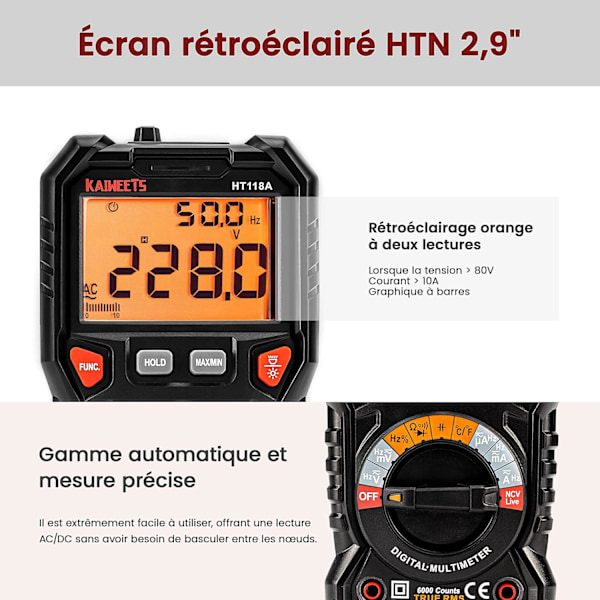 TRMS 6000 punkters automatisk digital multimeter (LED-terminalguide), professionel elektrisk tester, temperaturkapacitansmåler spænding/strøm AC