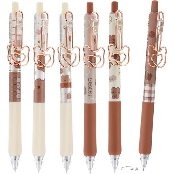 6-pack Söta Gelbläckpennor 0,5 mm Kawaii Björndesign Svarta Smidiga Pennor för Skola Kontor Presenter