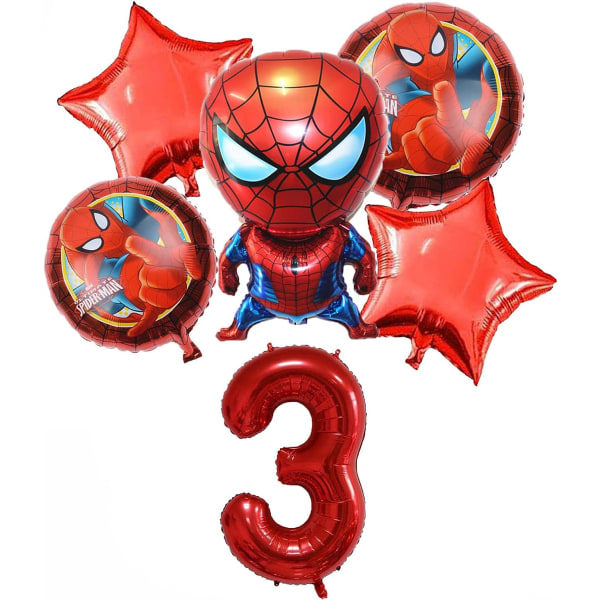 6 kpl Super Sankari Spiderman-teemainen 3. syntymäpäiväkoristeet Punainen numero 3 ilmapallo 32 tuumaa | Spiderman syntymäpäiväilmapallot (Spiderman 3. syntymäpäivä)