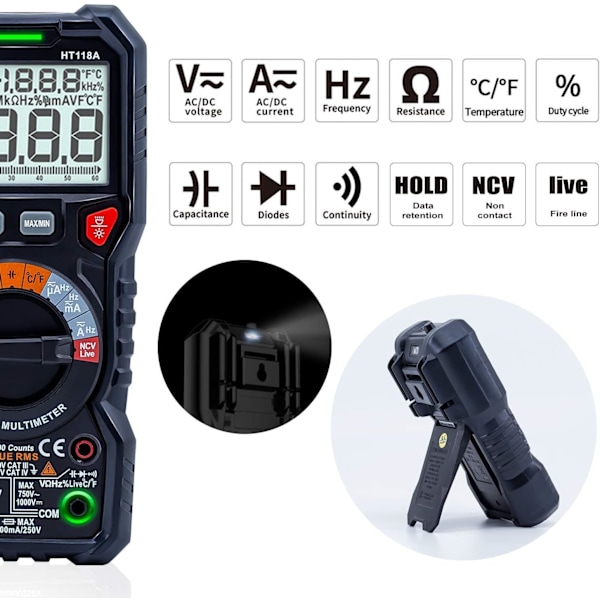 TRMS 6000 punkters automatisk digital multimeter (LED-terminalguide), profesjonell elektrisk tester, temperaturkapacitansmåler spenning/strøm AC