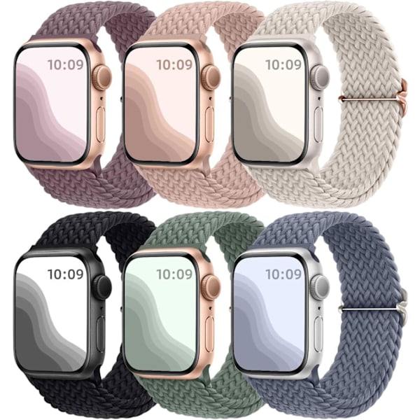 6-pack punottuja Solo Loop -rannekkeita, jotka ovat yhteensopivia Apple Watchin 44 mm:n, 45 mm:n, 42 mm:n ja 49 mm:n kanssa naisille ja miehille, säädettävä elastinen nailoninen urheiluranneke