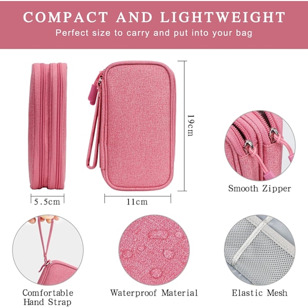 Dobbeltlags veske for elektronisk tilbehør, organizer for kabler, universell bærbar reiseveske for kabler, powerbank, USB-enhet, lader harddisk A-pink