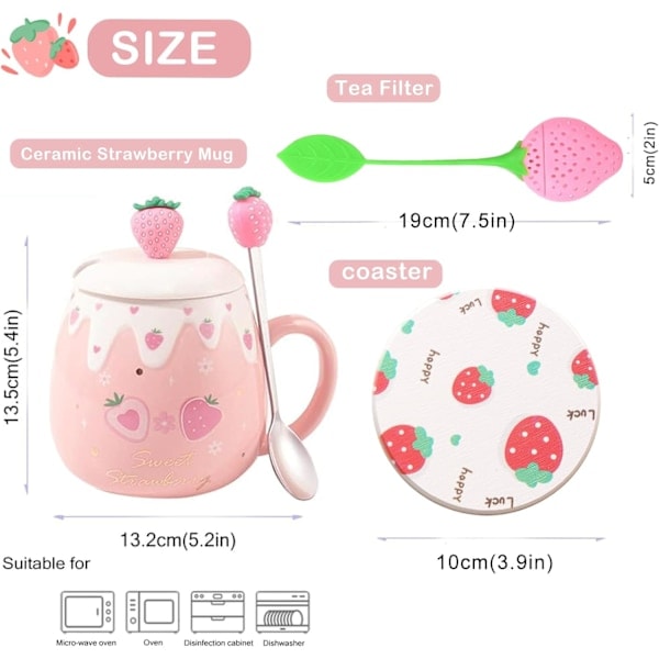 Søde Jordbærkrus Rosa Kaffekrus Keramisk Kawaii Kop Morgen Te Mælk Frugtkrus med Fint Låg Rustfri Ske
