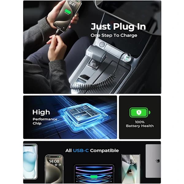 65W USB-C Biloplader med 1,5M Spiralkabel til iPhone 16, PD&QC3.0
