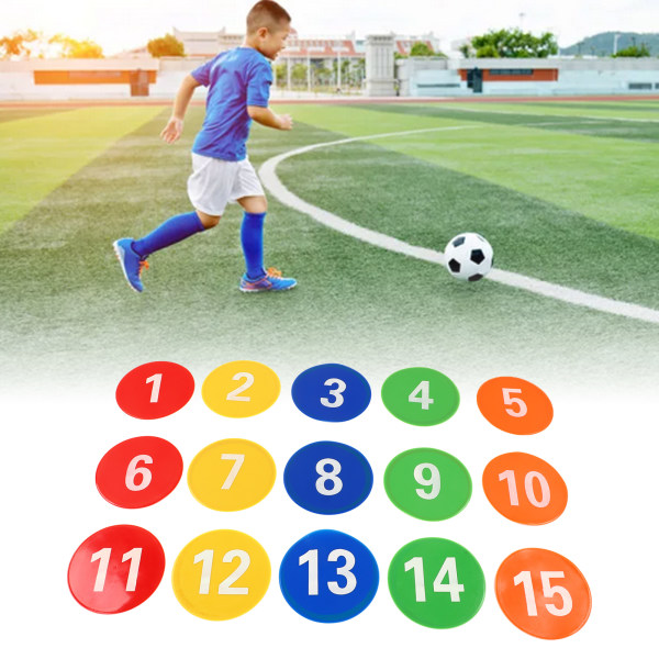 Urheilun numeropistemerkit 1-15 mattonumeropistemerkit 5 kirkkaalla värillä jalkapalloharjoitteluun