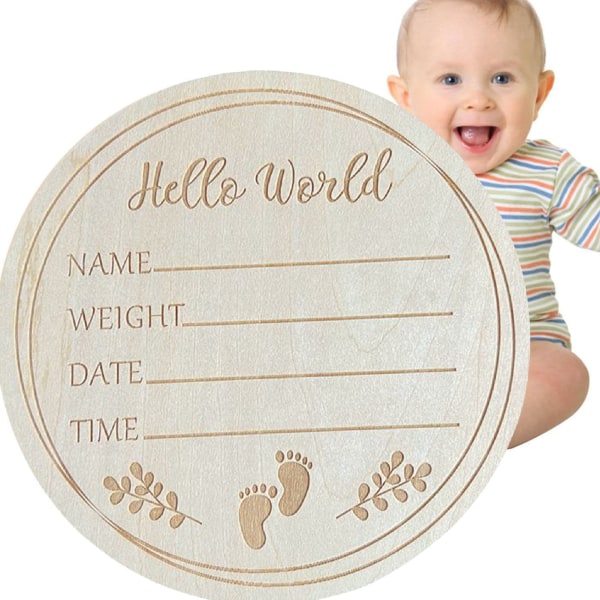 5,9 tommer rundt babykunngjøring fotorekvisitt Basswood-skilt Hello World Babyskilt for barnehage L7