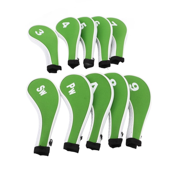 10 kpl Golf Iron Head Cover Set vetoketjulla Golfmailan päänsuojuksilla Sopii useimpiin mailoihin Suojaavat golfpään päälliset vihreä valkoinen