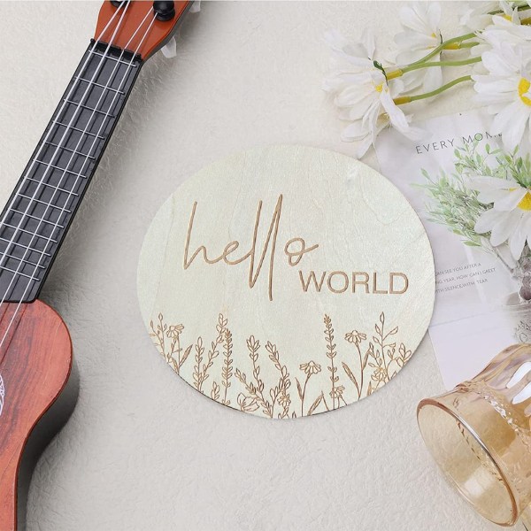 5,9 tuuman pyöreä baby Photo Prop Basswood -kyltti Hello World Baby -kyltti lastenhuoneeseen L6