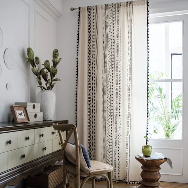 Boho Bomulds Linned Vinduesgardin Panel med kvaster Rod Pock