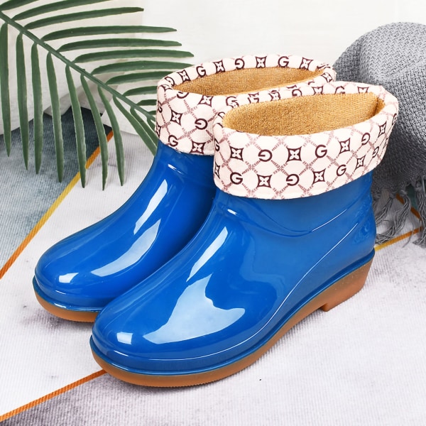 Dame regnstøvler Mode skridsikre kort regnstøvle Rundt hoved Radian PVC plast regnstøvler blå polstret 37