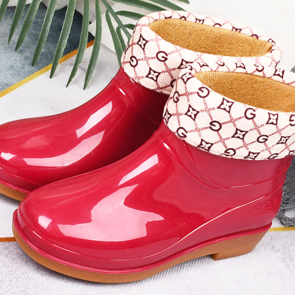 Dame regnstøvler Mode skridsikre kort regnstøvle Rundt hoved Radian PVC plast regnstøvler rød polstret 38