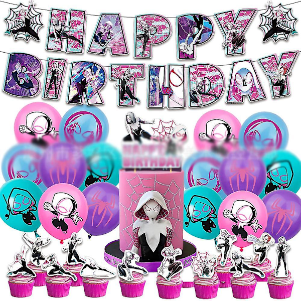 Spider-Man: Across the Spider-Verse Spider Gwen -syntymäpäiväjuhlatarvikkeet Koristeet Ilmapallot Banneri Kakku Cupcake