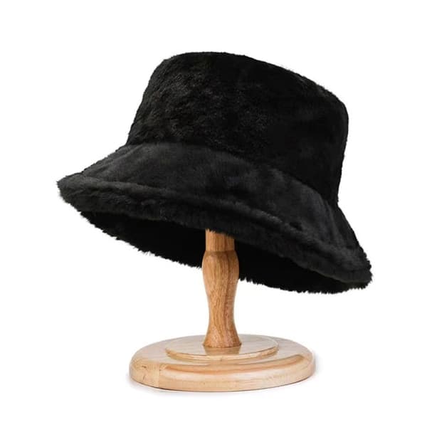 Fuskpäls Vinter Bucket Hat För Kvinnor Solid Varm Damhatt Utomhus Svart