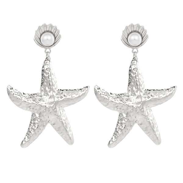 Legering Overdrevet kvinne Shell Pearl Starfish Stud Drop øreringer Smykketilbehør (sølv)