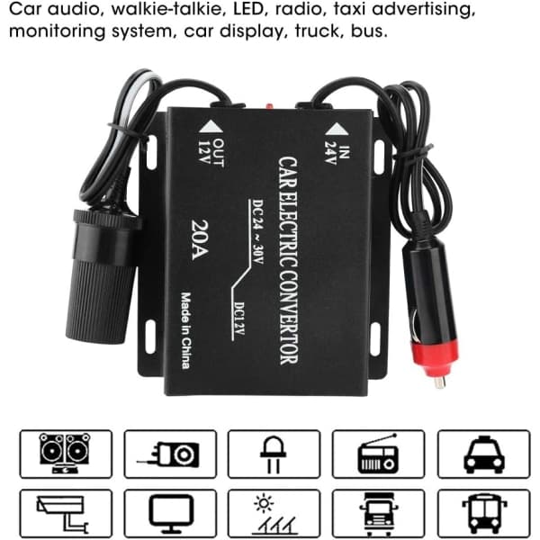 24V til 12V omformer - 20A bilspenningsreduserer strømkonverter aluminiumslegering nedtrappingstransformator