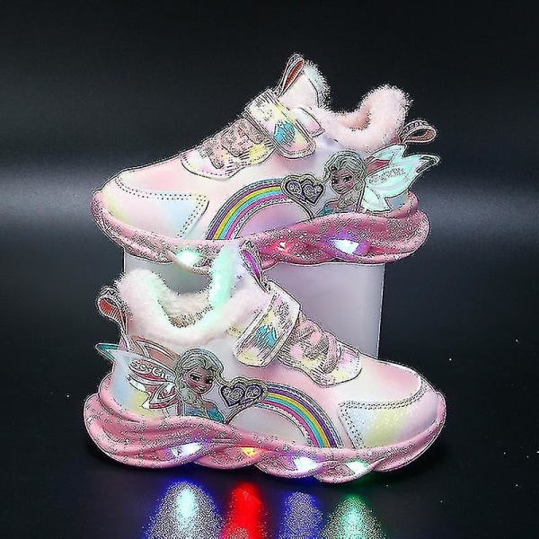 Piger Led Casual Sneakers Elsa Prinsesse Print Udendørssko Børn Lysende Skridsikre sko til forår og vinter-yzy Pink T 25-indersål 15.2cm_paris