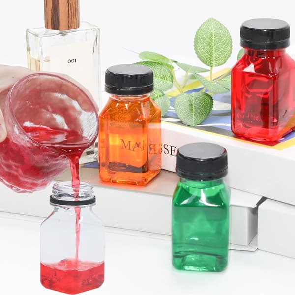 Minijuiceflaskor, 10-pack PET återanvändbara läckagesäkra flaskor med svarta lock för juicer, milkshakes, smoothies, resor, 120 ml klar