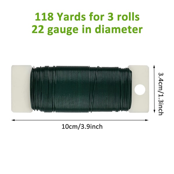 3-pack blomtråd, 118 jaardia 22 gauge grön floristtråd, flexibel grön tråd