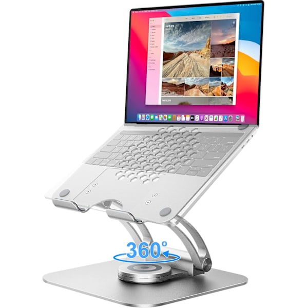 Adjustable Laptop Stand for Desk, Ergonomic Laptop Riser with 360° Swivel Base - Silver