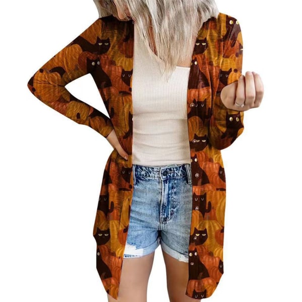 Åben frontklud til kvinder Halloween letvægts blød langærmet front åben sweater top afslappet outwear frakke til efteråret Halloween fest Orange XL