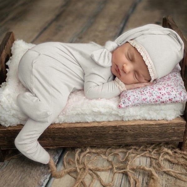 Nyfödd fotografering rekvisita 2 st Baby foto fotografering rekvisita med turban knut hatt Jumpsuits Stickade tyg kläder för pojke flicka
