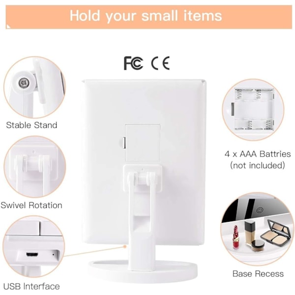 Sminkspegel med 21 LED-lamper, Foldbar Triple Light Mirror 1X/2X/3X Forstørrelse, LED-spejle, 180° Justerbar med Berøringsknap Batteri USB