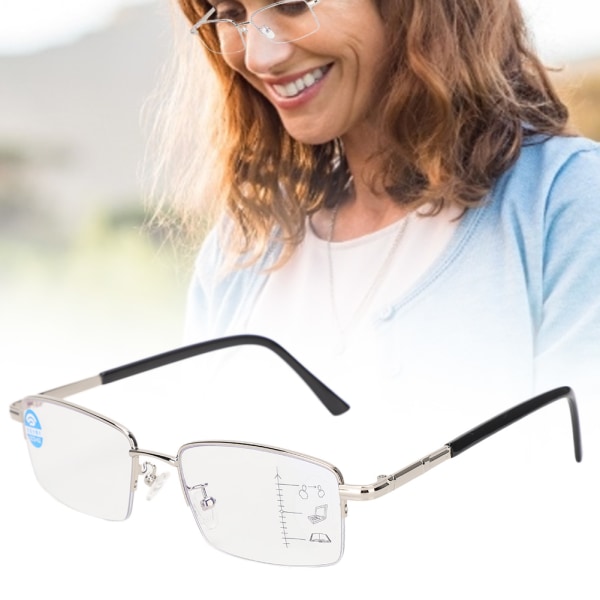 Metall Multifocal Fatigue Relief Läsglasögon Anti Blue Rays Presbyopic Glasses150 Silver