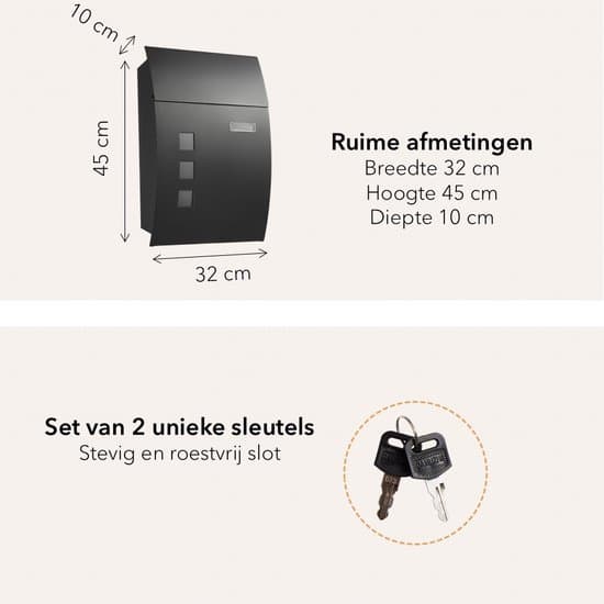 HÜSQ Väggmonterad Brevlåda, Pulverlackerad Galvaniserad Stål Brevlåda med Dolt Lås och 2 Nycklar, Antracitgrå RAL7016