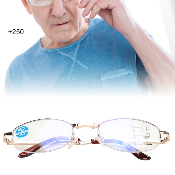 Multifokale progressive presbyopiske briller Blått lysblokkerende lesebriller for menn kvinner (+250 gullramme)
