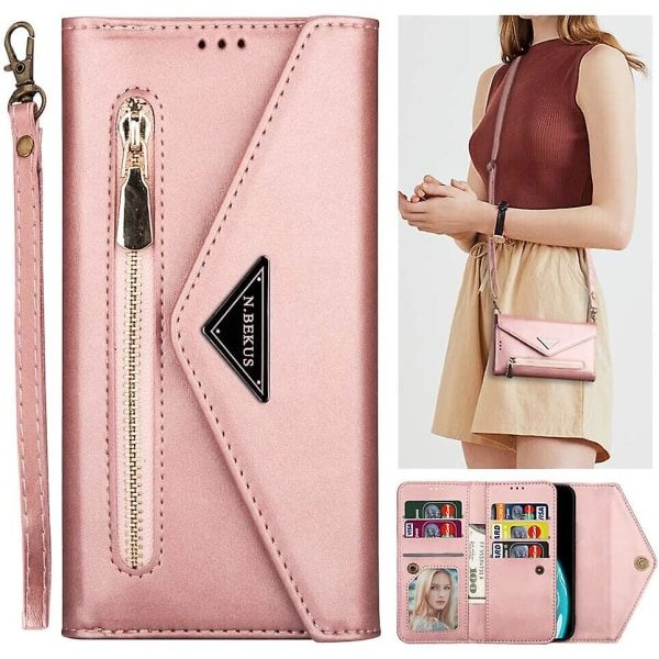 Yhteensopiva iPhone SE 2020/ 8/ 7 -kotelon kanssa Irrotettava olkahihna Kaulahihna Neckfodral Vetoketjullinen kotelo Olkahihna 6 korttipaikalla Kansi Premium PU Leat Pink
