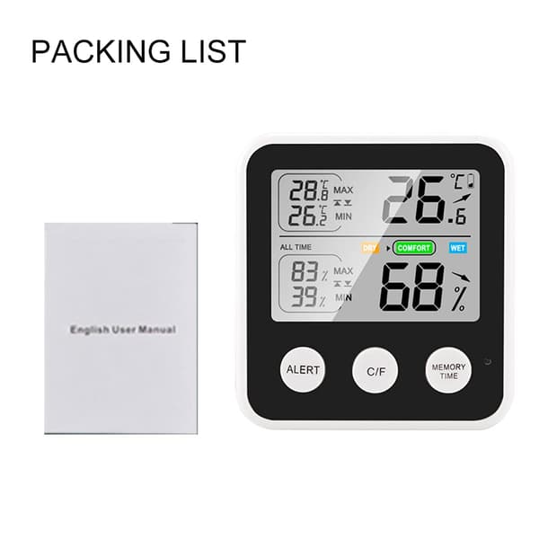Højpræcisions Magnetisk Termometer Hygrometer Digital med LCD-Skærm ℃/℉ Maksimal Minimum Temperatur Luftfugtighed Påmindelse Funktion Sort