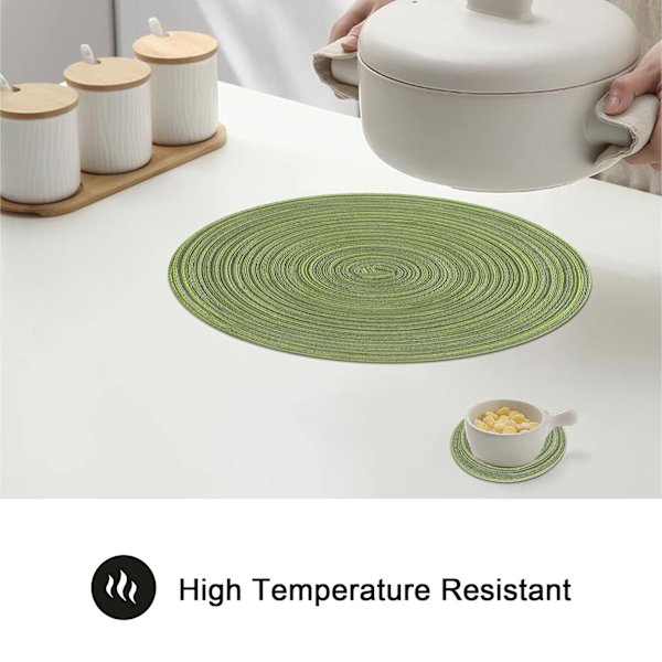 38cm/15 tum Vävda Runda 6 Stycken Placemats halkfria, Gröna