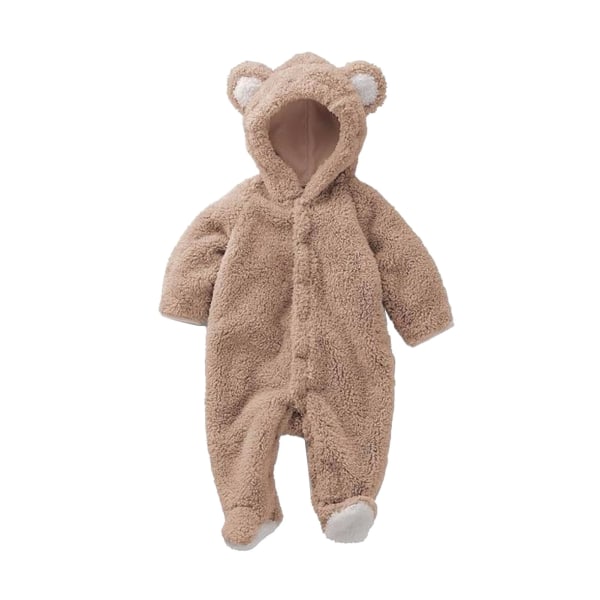 Baby hette jumpsuit tegneserie bjørn formet korall fleece ett stykke antrekk for høst vinter brun 6 måneder
