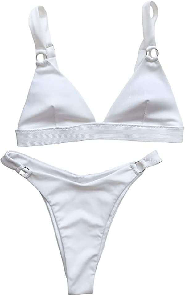 Ribbad ringdetaljerad bikini med hög hals