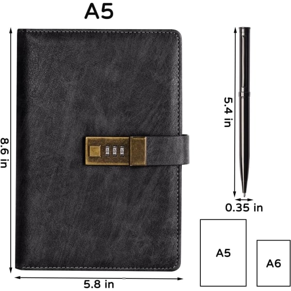 Dagbok med lås, A5 PU-läderjournal med lås 240 sidor, Vintage Lock Journal Lösenordsskyddad anteckningsbok med penna och presentask, 8,6 x 5,8 tum