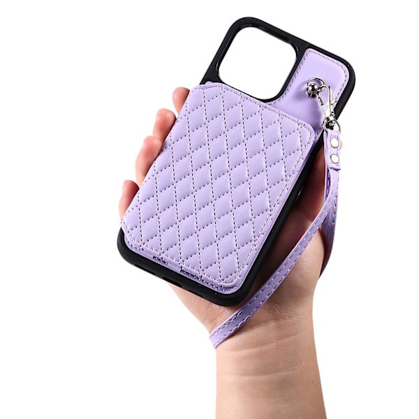 Telefonfodral för iPhone 15 Pro Max Rfid Blocking Pu Läderbelagd TPU-skal med handledsrem Purple