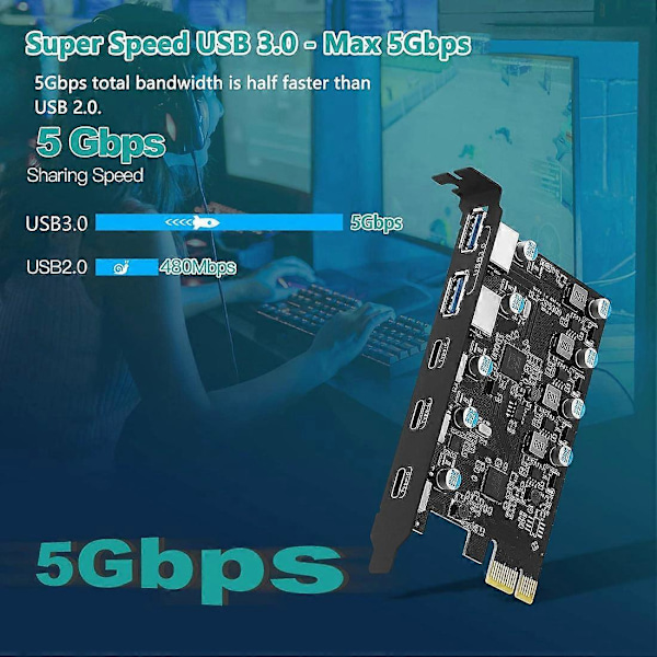 PCIe-laajennuskortti 5 porttiin (3x USB C, 2x USB 3.0-A) PCI Express -laajennuskortti Windows 10/8/.pa -käyttöjärjestelmille