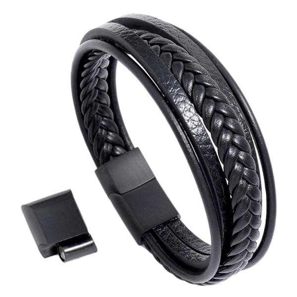 Flettet læderarmbånd til mænd Sort