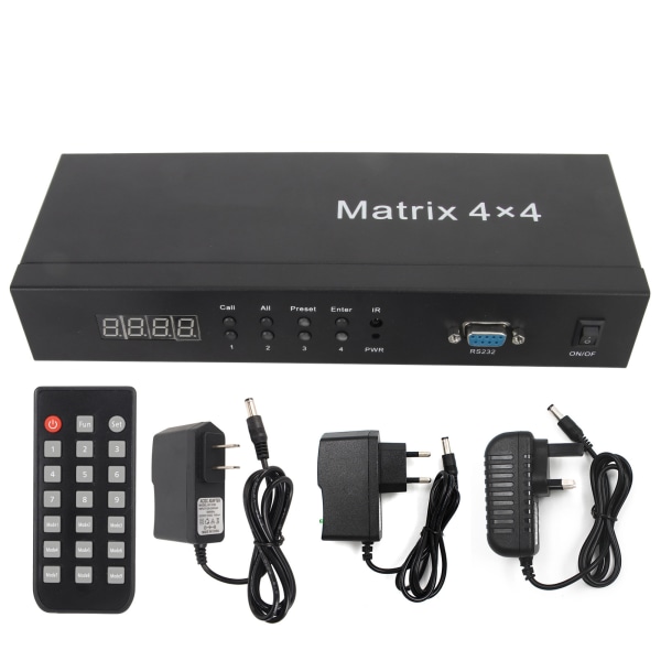 HD Multimedia Interface Switcher 4 in 4 Out 4k 30Hz Video Switcher med fjernkontroll 100?240V EU Plugg