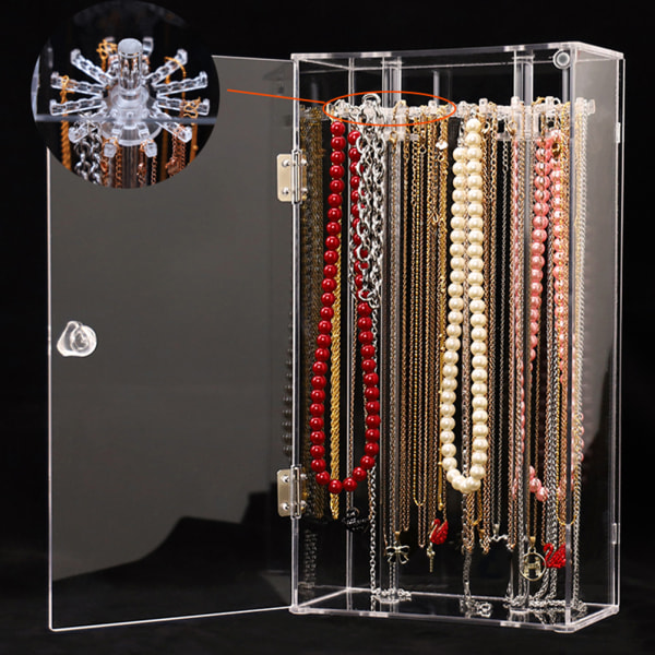 Akrylhalsbandshållare med 24 krokar Klart organizer Dammtät Rotation Smycken Förvaringsställ Display Case