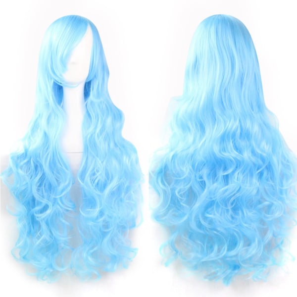 80 cm mote kvinner Anime lang krøllete bølget syntetisk hår Cosplay parykk (lyseblå)