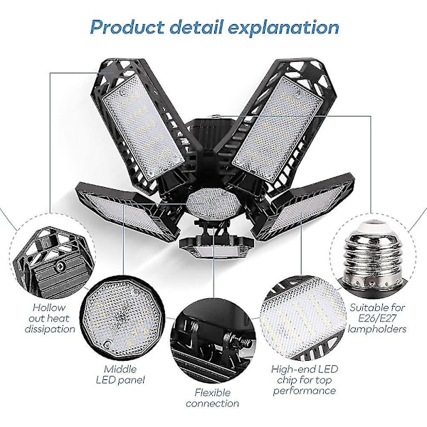 LED-Garasjelys 120W 10000lm E27 6500K Justerbar 5-Panel Deformerbar