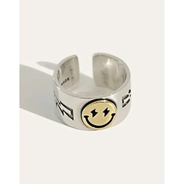 Ring med Smiley-ansigt Sølv, Åben Ring Justerbar Bredde, Smiley-ring-tfrf
