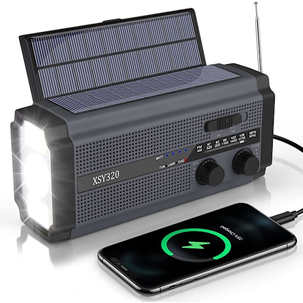 Sol Drevet Håndsving Radio Vejradio AM/FM USB Nødradio Powerbank 5000mAh Black Svart