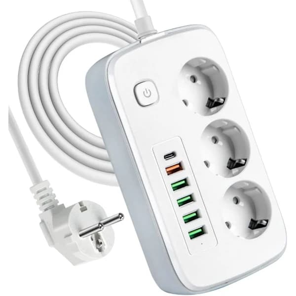 Grenuttag med 3 uttag, 5 USB-portar & USB-C, 2 meter förlängningskabel