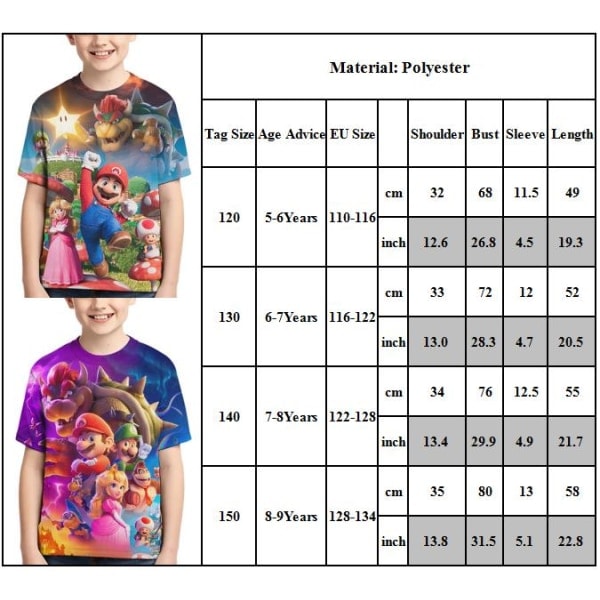 Super Mario Boys Mario ja Ystävät Grafiikka T-paidat Lapset Piirretty C 140cm