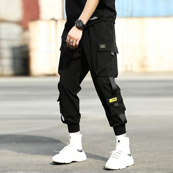 Mustat Cargo-housut Miehet Hip Hop Harem-housut Miehet Baggy-housut Miehet Housut Taskut Nauha Nuoret Streetwear Pantalon Cargo Homme Musta XXL