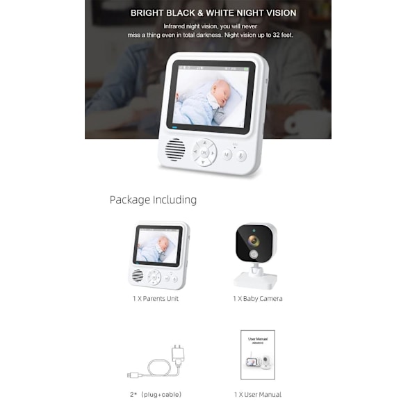 Videomonitor med kamera 2.4G-overføring, babycall med 2-veis lyd, infrarødt nattsyn—pa