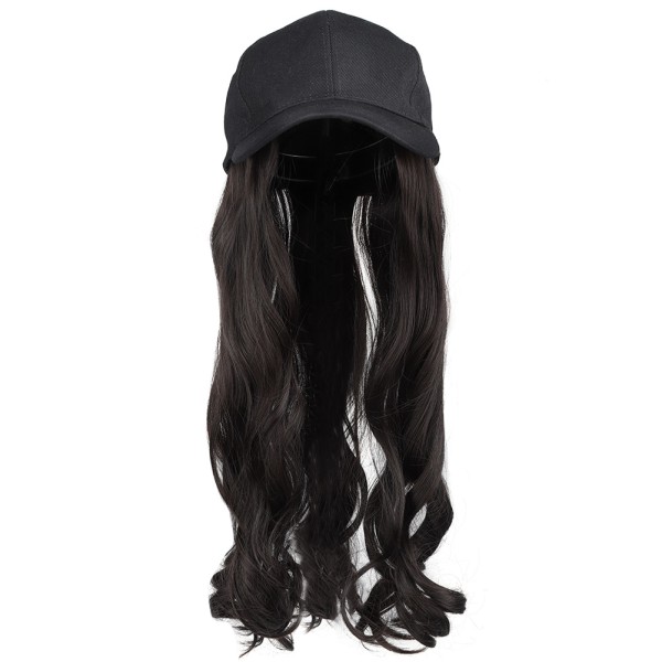 Fasjonabel svart baseball cap lue parykk Langt krøllete hårpynt Utendørs hårforlengelse Svart Brun
