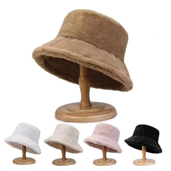 Falsk Pels Vinter Bucket Hat Til Kvinder Solid Varmt Damehat Udendørs Sort
